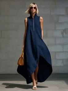Women's Dress 2026 European American Minimalist Style, Sleeveless With Half Zipper Closure Loose Fit In Cotton Linen Fabric - 紅色 - 查看 1