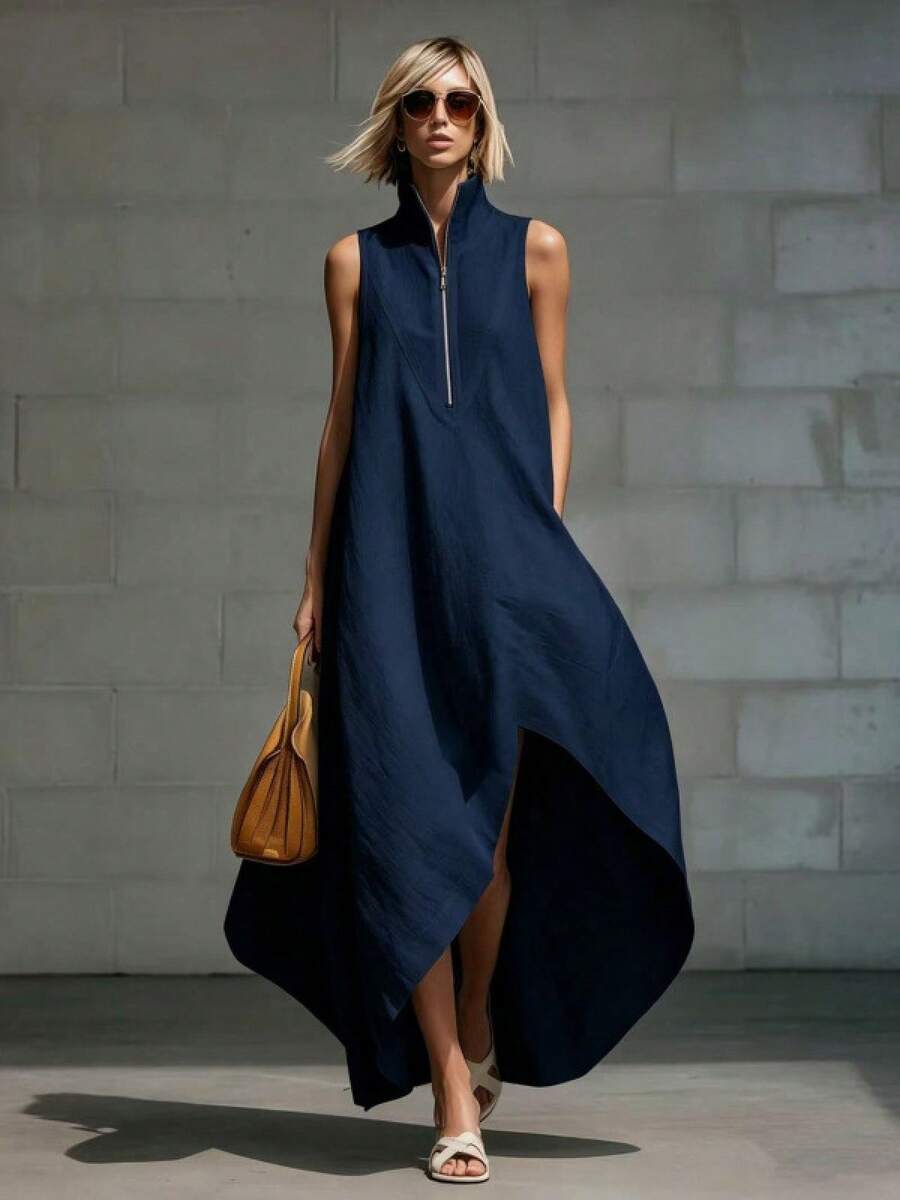 Women's Dress 2026 European American Minimalist Style, Sleeveless With Half Zipper Closure Loose Fit In Cotton Linen Fabric - 紅色 - 查看 1