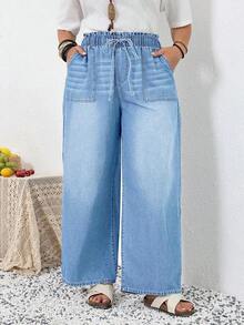 Tall CURVE Pantalones vaqueros de talla grande para mujer de primavera y verano con cintura con cordón, bolsillos, pierna ancha, sueltos, cómodos, elásticos y de tela vaquera con estiramiento - Azul lavado medio - Ver 5