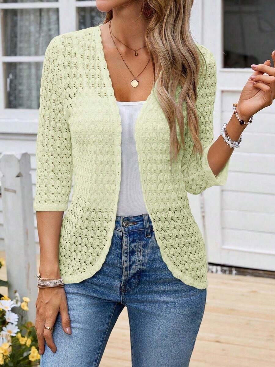 Chaqueta casual de mujer de unicolor con manga 3/4 y frente abierto, cárdigan de ganchillo para mujer, cárdigan de punto para mujer, cárdigan de verano para mujer, cárdigan delgado de punto para mujer, tops de punto para mujer en otoño/invierno - Verde - Ver 1