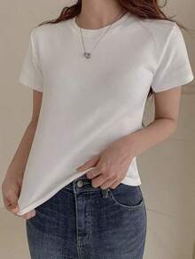 Camiseta de manga corta de cuello redondo de unicolor para verano - Blanco 3 - Ver 3