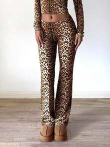 Pantalones acampanados de cintura ancha de unicolor casual para mujer, leggings delgados de cintura alta con pliegues, primavera negro - Estampado de leopardo marrón - Ver 9
