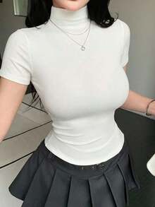 Blusa de manga corta de unicolor, cuello alto, ajustada y fruncida, de uso casual para verano - Blanco - Ver 1