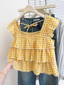 Blusa con volantes en el bajo nueva para otoño, estilo lindo para mujer - Amarillo - Ver 9