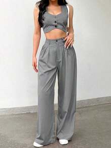 Set de 2 piezas para mujer, top corto de un solo pecho liso y pantalones - Gris 2 - Ver 3