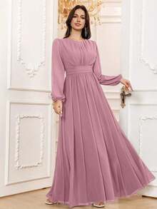 Vestido de dama de honor formal de gasa de manga larga hasta el suelo con corte evasé, color borgoña elegante, vestido de invitada de boda, mangas sin forro, primavera - Malva polvoriento - Ver 6