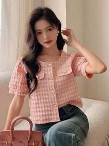 Blusa de manga corta para mujer con tejido texturizado y cuello redondo para verano, tops cortos para mujeres - Rosa - Ver 1