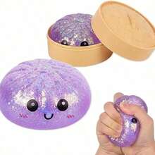 1pcs 8.5cm Dumpling Squishies Stress Relief Balls, Handmade Squeeze Fidget Toys With Steamer Storage Case, Soft TPR Slow Rebound Big Bun Squishy, Realistic Food Shaped Sensory Squeeze Toy, Anxiety Relief & Focus Decompression Prop, - 紫色 - 查看 1