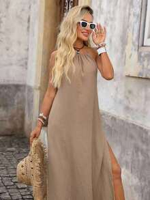 Vestido largo de verano para mujer con cuello halter, espalda descubierta y abertura alta en el bajo, ideal para vacaciones, playa y estilo de resort, vestido de verano amarillo con espalda descubierta - Camel - Ver 5
