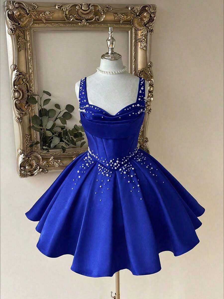 Vestido elegante, lujoso y noble de estilo palaciego con hombros abiertos, escote corazón sin tirantes, silueta de sirena, decoración de perlas falsas y bajo acampanado, adecuado para despedida de soltera, boda, graduación, vacaciones y fiesta de - azul real - Ver 1