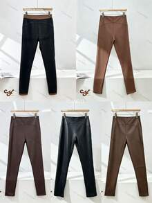 Women's Leather Leggings, Faux Leather, Resin-Coated, Skinny, Fitted, Versatile, With Flannel Lining, Perfect For Everyday Wear. - 咖啡店 - 查看 10
