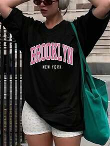 2026 New Fashion Spring/Summer Women's T-Shirt, Round Neck, Pink Letter Print, Short Sleeve, Cool And Casual Summer Shirt, Cotton And Ice Silk. 100% Cotton. - 黑色 - 查看 7
