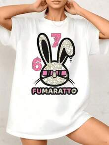 1 pieza de camiseta de gran tamaño para mujer, estilo streetwear, con estampado gráfico vintage de conejo, diseño de dibujos animados, 100% algodón, cuello redondo, ropa de verano para mujer, 100% algodón puro. - Blanco - Ver 8