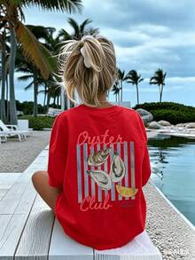 Suave Conjunto para el Día de la Madre, Camiseta de Manga Corta para Mujer  100% Algodón, Estilo Comida y Vacaciones, 100% Algodón Puro, Corte Holgado, Estampado Decorativo de Ostras y Rayas de Limón, Transpirable y Absorbente de Sudor, Camiseta de Playa de Verano para Mujer Adulta, Estampado de Letras, Tejido Transpirable, Adecuada para la Temporada de Regreso a Clases, Ideal para Uso al Aire Libre, Regalo Perfecto. Breathable Cotton Tee, All Match Vintage Top Short, blusas casuales, playeras de mujer algodon - Rojo - Ver 1