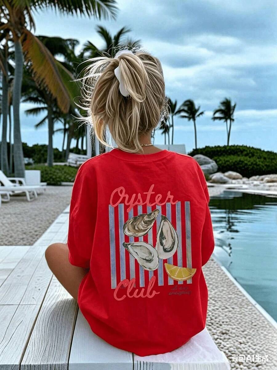 Suave Conjunto para el Día de la Madre, Camiseta de Manga Corta para Mujer 100% Algodón, Estilo Comida y Vacaciones, 100% Algodón Puro, Corte Holgado, Estampado Decorativo de Ostras y Rayas de Limón, Transpirable y Absorbente de Sudor, Camiseta de Playa de Verano para Mujer Adulta, Estampado de Letras, Tejido Transpirable, Adecuada para la Temporada de Regreso a Clases, Ideal para Uso al Aire Libre, Regalo Perfecto. Breathable Cotton Tee, All Match Vintage Top Short, blusas casuales, playeras de mujer algodon - Rojo - Ver 1