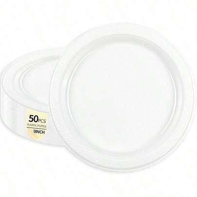 50PCS White Plastic Plates 9 Inch Disposable Dinner Plates For Picnic Birthday Wedding Party Supplies White 9 Inch