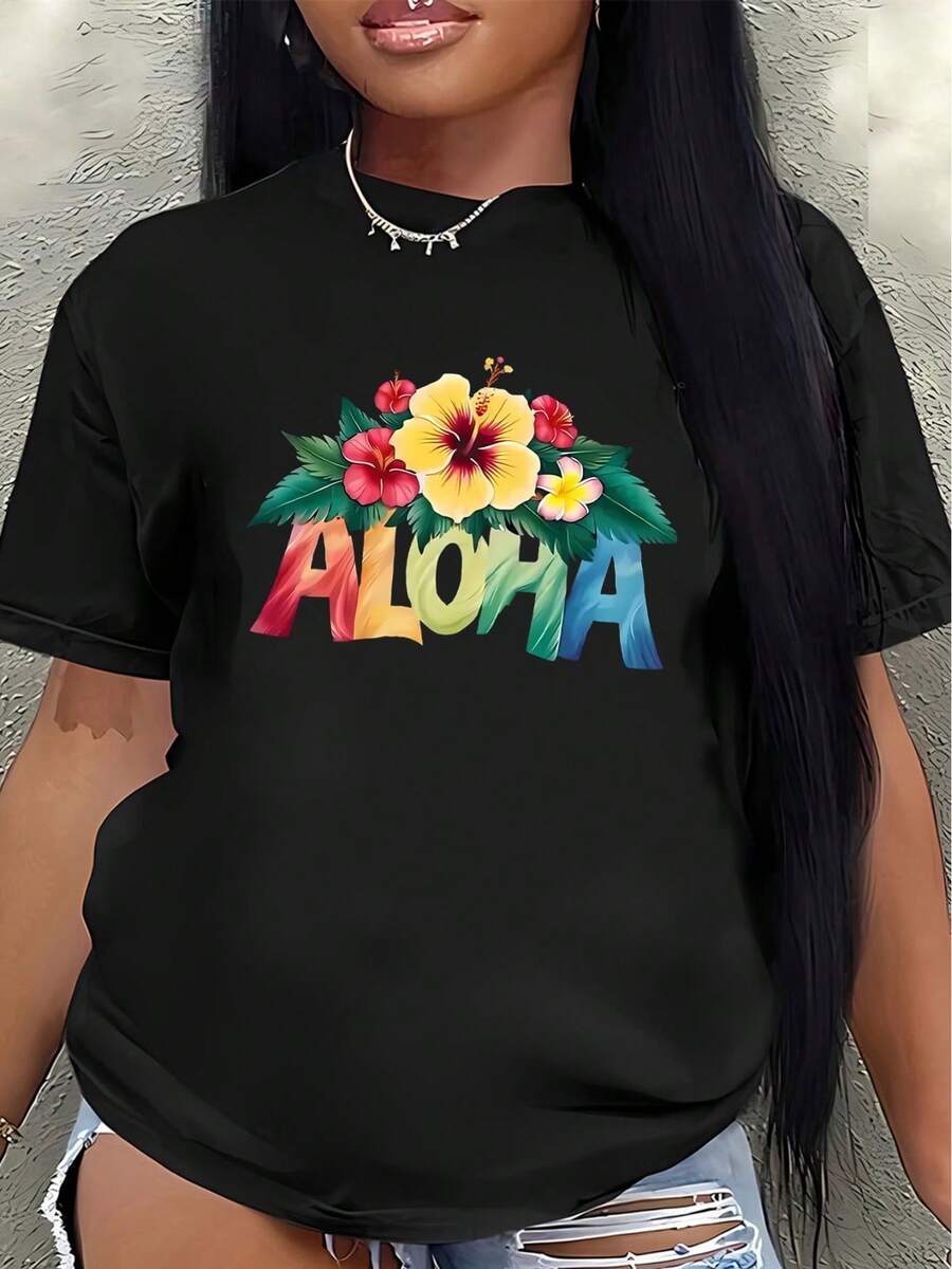Camiseta de poliéster con estampado floral estilo aloha para mujer, ropa casual ligera, adecuada para fiestas en la playa y salidas de verano, diseño cómodo y duradero, ideal para vacaciones o uso diario.blusas para mujer>ropa - Negro - Ver 1