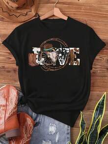 1PC Women's Casual Short Sleeve T-Shirt, Denim Style With Round Neck And Print, Featuring Classic Western Cowboy Elements With Designs Incorporating Skull And Saddle Motifs. It's The Perfect Gift For Holidays Or Birthdays, Suitable For Everyday Wear By Women And Young Girls. Elegant Party Outfit, T-Shirt For Stylish Ladies, Blouses Suitable For Curvy Women, Prom Skirts, Casual Wear. Adorable Animal Print, Fun Letter Print. - 黑色 - 查看 1