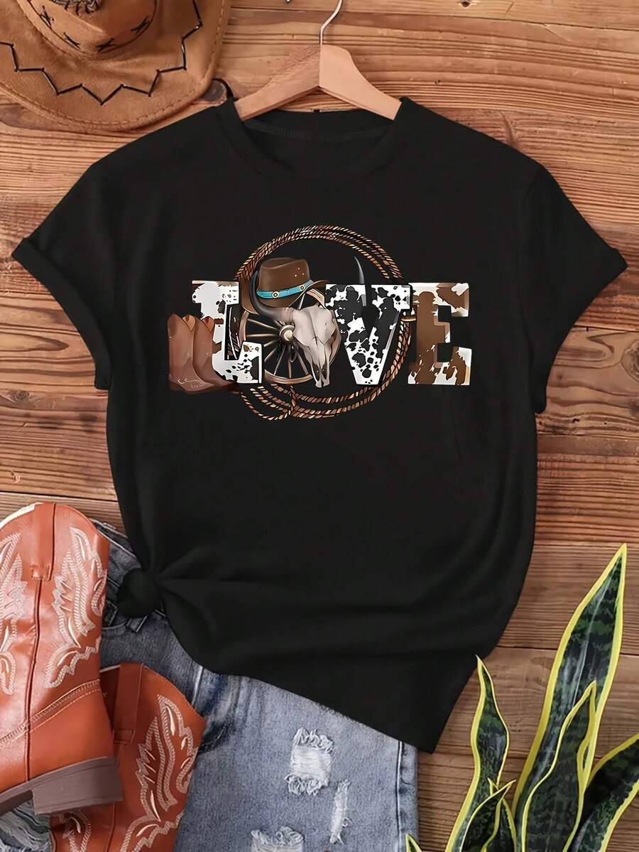 1PC Women's Casual Short Sleeve T-Shirt, Denim Style With Round Neck And Print, Featuring Classic Western Cowboy Elements With Designs Incorporating Skull And Saddle Motifs. It's The Perfect Gift For Holidays Or Birthdays, Suitable For Everyday Wear By Women And Young Girls. Elegant Party Outfit, T-Shirt For Stylish Ladies, Blouses Suitable For Curvy Women, Prom Skirts, Casual Wear. Adorable Animal Print, Fun Letter Print. - 黑色 - 查看 1