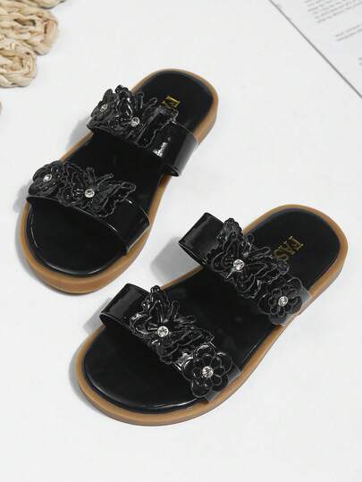Kids Glitter Floral Rhinestone Double Band Slides Fashion Open Toe Casual Indoor Outdoor Slippers
