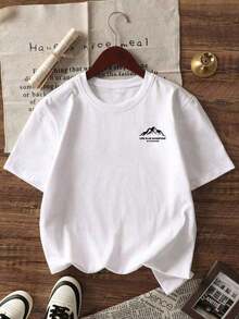 Men's Casual Short-Sleeved T-Shirt With Crew Neck, Mountain Pattern And Summer Slogan - 魏斯 - 查看 5