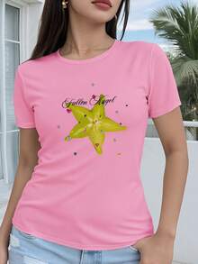 Women's T-Shirt, 100% Cotton, Regular Fit, Short Sleeve - 2D Geometric Star Design With Colorful Gemstone Details, Fallen Angel Text In The Center, Casual Crew Neck, Suitable For All Seasons, Available In Multiple Colors And Sizes, Party Fashion - 黑色 - 查看 8