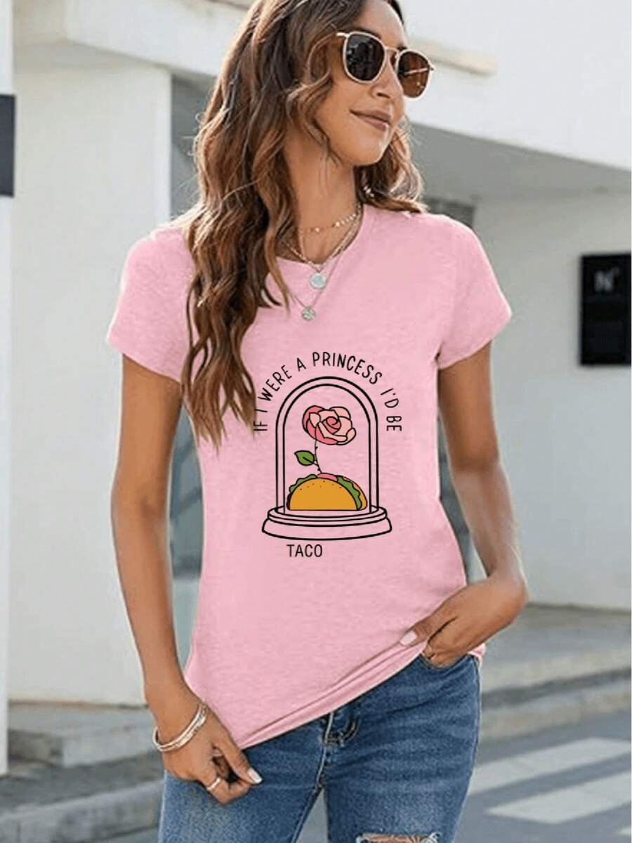 Camiseta de manga corta casual de cuello redondo suelta impresa rosa de primavera verano para mujeres - Color rosa - Ver 1