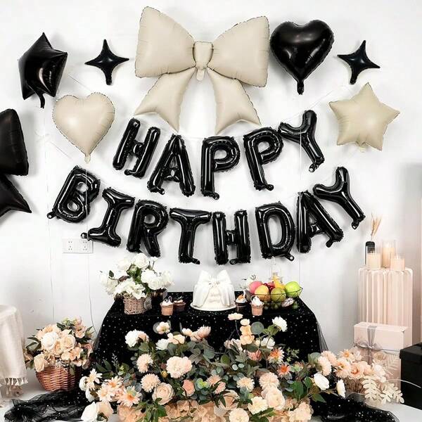 21件/套黑色蝴蝶結生日氣球套裝，包含黑色16英吋「HAPPY BIRTHDAY」字母氣球、黑色與奶油白蝴蝶結、黑色與奶油白五角星、黑色四角星，適用於生日主題派對、黑色蝴蝶結主題、生日慶祝、派對、週年紀念、節日活動、背景裝飾、戶外派對、氛圍營造、拍照道具，適合男性、女孩、女性、成人生日派對裝飾