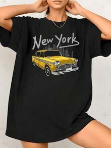 Women's T-Shirt With New York Taxi Graphic Print, Urban Design, 100% Cotton, Crew Neck, Vintage Style, 1 Piece. Excellent Gifts For Friends And Family. Classic Short Sleeve T-Shirt For Holidays. - 黑色 - 查看 7