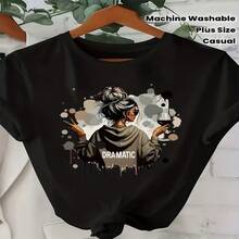 Women's Sexy Casual Elegant Round Neck Regular Short Sleeve Cotton T-Shirt With Unique Graphic Print - 黑色 - 查看 1