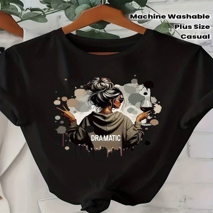 Women's Sexy Casual Elegant Round Neck Regular Short Sleeve Cotton T-Shirt With Unique Graphic Print - 黑色 - 查看 1
