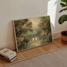 1pc Framed Unframed Antique Swan In Lake Vintage Poster Romantic Love Wall Art Canvas Print Farmhouse Cottagecore Decor Painting For Living Room Bedroom Home - Green - View 4