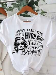 Camiseta estampada de moda casual para mujer, transpirable, tallas grandes 0-8XL, capa base para salidas diarias, ropa con personalidad para todas las estaciones, ajuste cómodo, camiseta con gráfico divertido - Diseño "¿Por qué tomar la carretera principal cuando puedes tomar el camino loco? ", cuello redondo casual, playeras de mujer algodón,  mujer premium. - Blanco - Ver 1