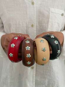 1pc Rustic Style Geometric Exaggerated Inlaid Faux Turquoise Flower Charm Jewelry Wooden Cuff Bracelet, Luxurious & Elegant, Suitable For Wedding, Banquet, Vacation, Party, Daily Casual, Street Style, Women, Couples, Holiday, Birthday, Versatile Gift - Bracelet - View 5