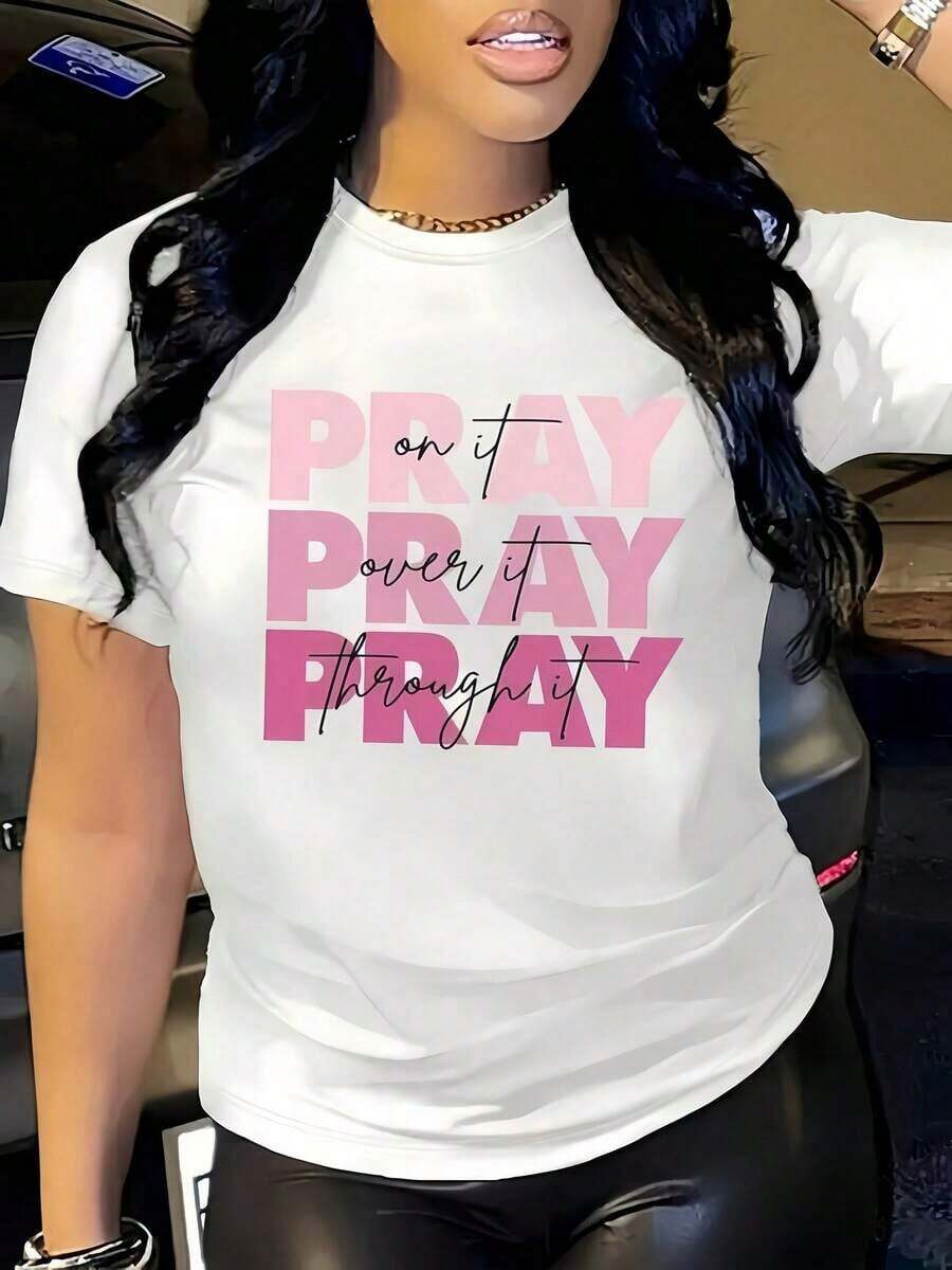 1 Women's White T-Shirt With Religious Quote Print, Round Neck, Casual Cotton T-Shirt, Medium Elasticity Knit Fabric, Regular Fit For Ladies, For Spring/Summer/Autumn. - 白色 - 查看 1