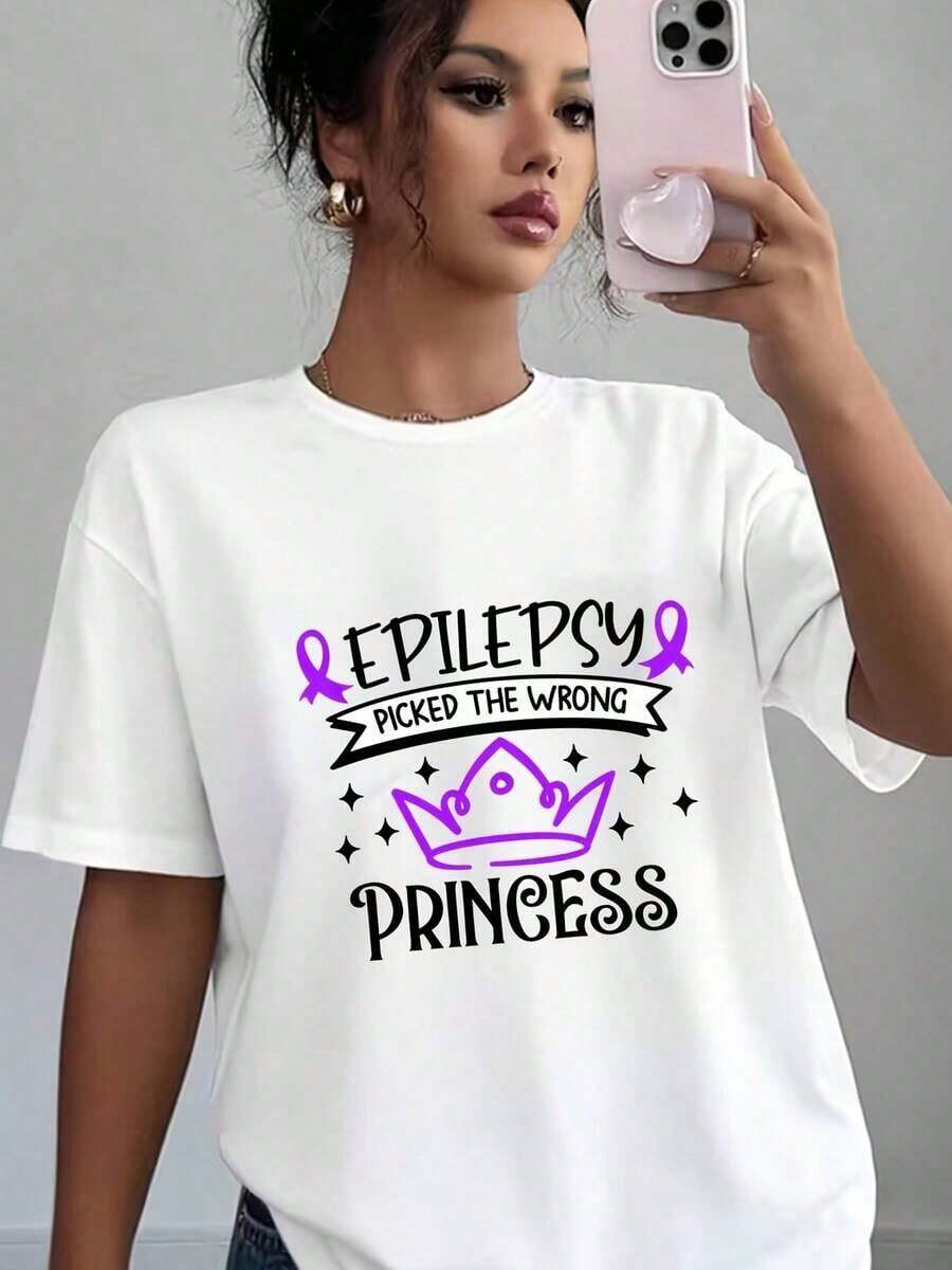 Women's Casual T-Shirt With Crown Print And Purple Ribbon 'Epilepsy Chose The Wrong Princess', Soft And Comfortable, Gift For Epilepsy Awareness Day, Birthday, Christmas - 白色 - 查看 1