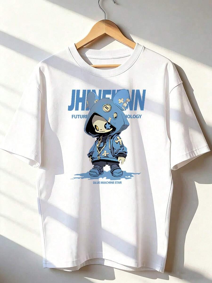 Blue Streetwear Character T-Shirt With "JHINEINN" Text, Fashionable Short-Sleeve T-Shirt For Spring/Summer 2026, Made In Mexico, 180 Grams. Cartoon Print, Couple Design, Suitable For Indoor Or Outdoor Wear. Crew Neck, Unisex, Ideal For Office And Leisure. One-Pack. - WH-P631577SLNDXZGY635 - 查看 1