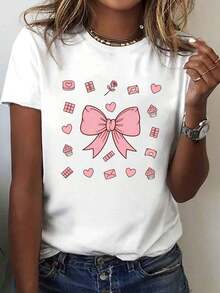 Women's Pink Bow Print T-Shirt - Casual Short Sleeve Round Neck Blouse With Bow Design, Suitable For Summer, Spring And Valentine's Day, Machine Washable Casual Wear For Parties, Picnics - Not Comfortable Style - 白色 - 查看 7