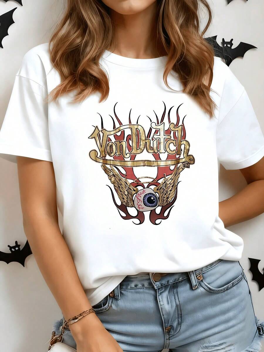 Golden Wing Surrounding An Eye With Mystical Energy And Symbolic Fire Representing Strength, Vision, Freedom, And Spiritual Connection With The Soul. Women's White Casual Elegant T-Shirt For Everyday Wear - 白色 - 查看 1