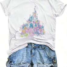 1 pieza de camia mágica para mujer, camia de Magic Kingdom con diseño de castillo, camia gráfica para vacaciones en familia, manga corta, 210g, 100% algodón, los diseños están impresos. Unisexo. Adecuado como regalo.playera de mujer.blusas>elegante.boho chic,Top de mujer suave, transpirable y cómodo, ideal para primavera, verano y otoño, perfecto para vacaciones, viajes y uso diario. - Blanco - Ver 1