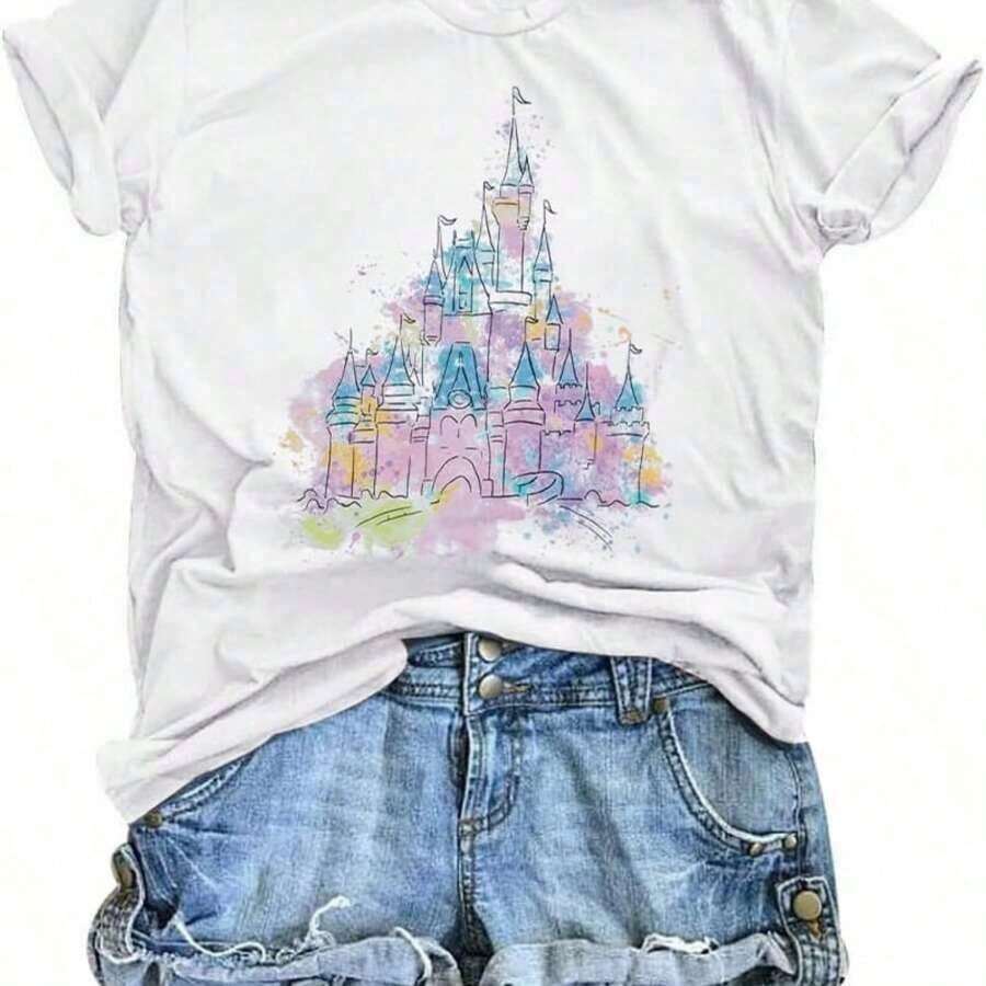 1 pieza de camia mágica para mujer, camia de Magic Kingdom con diseño de castillo, camia gráfica para vacaciones en familia, manga corta, 210g, 100% algodón, los diseños están impresos. Unisexo. Adecuado como regalo.playera de mujer.blusas>elegante.boho chic,Top de mujer suave, transpirable y cómodo, ideal para primavera, verano y otoño, perfecto para vacaciones, viajes y uso diario. - Blanco - Ver 1
