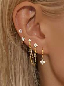 4PCS New Design Stainless Steel Chain Stud Earring Set For Women Zirconia Flowers And Leaf Cartilage Ear Stud Piercing Jewelry - 1-gold-4PCS - View 1