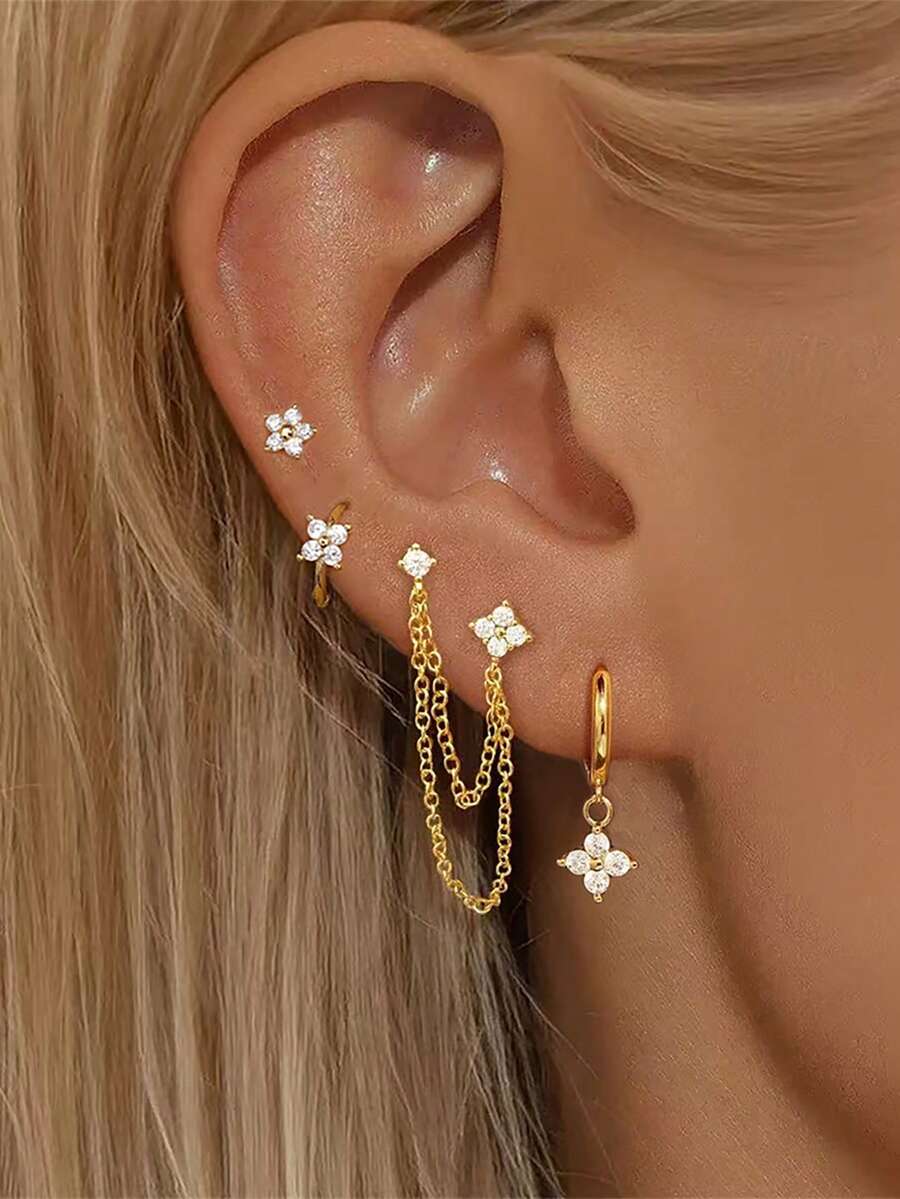 4PCS New Design Stainless Steel Chain Stud Earring Set For Women Zirconia Flowers And Leaf Cartilage Ear Stud Piercing Jewelry - 1-gold-4PCS - View 1