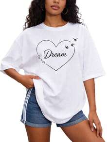 Women's Casual Fashion Basic T-Shirt, Round Neck, Sizes S-2XL, 100% Solid Color In Black And White With A Flying Heart And Bird Print, Perfect For Family And Couple Outfits, Ideal For Spring And Summer, A Perfect Gift For Mom, Mother's Day, Relatives, And Best Friends. . - 白色 - 查看 8