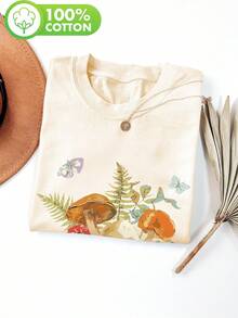 Women's Casual Summer Top, Illustrated Style, Mushroom And Butterfly Print, Short Sleeve Crew Neck T-Shirt, Winter Size, Women's Clothing - 杏色 - 查看 7