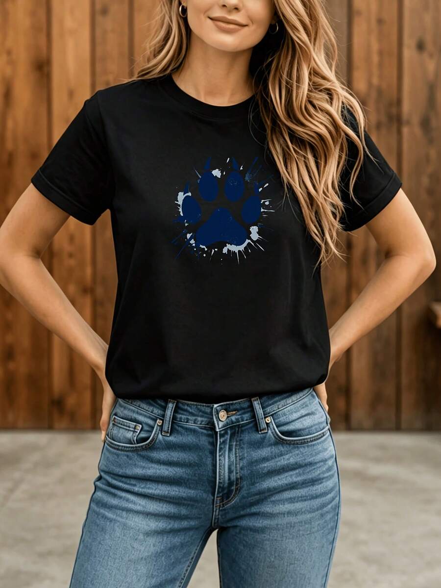 Women's Casual Sports T-Shirt With Blue Paw Print Design - Black Elastic Crew Neck T-Shirt, Machine Washable, Comfortable Fit For All Seasons, For Animal Lovers And Casual Activities. - 黑色 - 查看 1