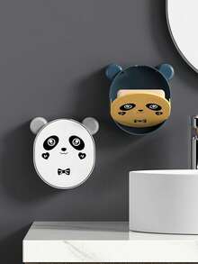 1pc Cute Cartoon Flip Cover Soap Dish, Bathroom Wall-Mounted Soap Holder Without Drilling, Panda Soap Box - Multicolor - View 4