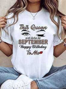Women's Basic Short-Sleeve T-Shirt With "This Queen Was Born In September Happy Birthday To Me" Print, Casual Top For Birthday Celebrations, Comfortable Fabric, Perfect As A Gift. Mexican Cultural Print T-Shirt - Moisture-Wicking Short-Sleeve T-Shirt For Everyday Wear. - 白色 - 查看 7