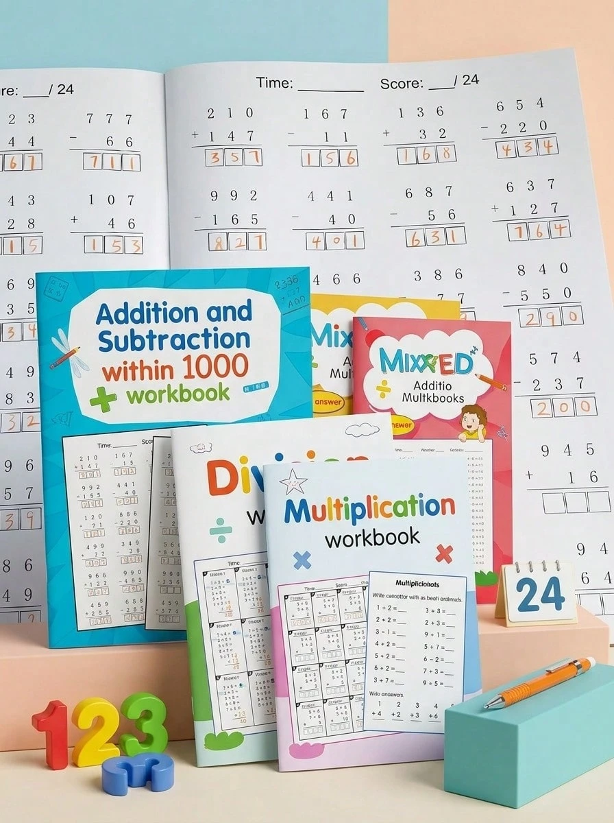 32 Pages Children's Basic Math Workbook, Includes Number Line Addition & Subtraction, Addition & Subtraction Within 1000, Mixed Operations, Multiplication & Division Exercises, Suitable For Preschool Home Education And Kindergarten, Cultivate Children's Interest In Learning Math, Improve Learning Ability, Stimulate Logical Thinking, An Ideal Gift For Children And Back-To-School Season