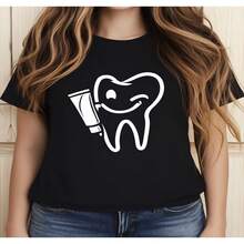Camiseta casual para mujer con Diseño de cuidado dental para el Día del Dentista, tema de sonrisa, ropa de verano, camiseta 2D para mujer, Diseño holgado casual, holgada y ligeramente extendida S-XXXL - Negro - Ver 1